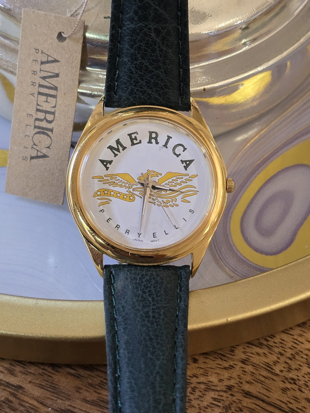 Perry Ellis Gold-Tone Watch with Black Leather Strap